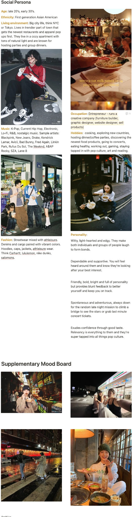 Original immi social persona and mood board describing a culturally connected first-generation Asian American in their late twenties or early thirties