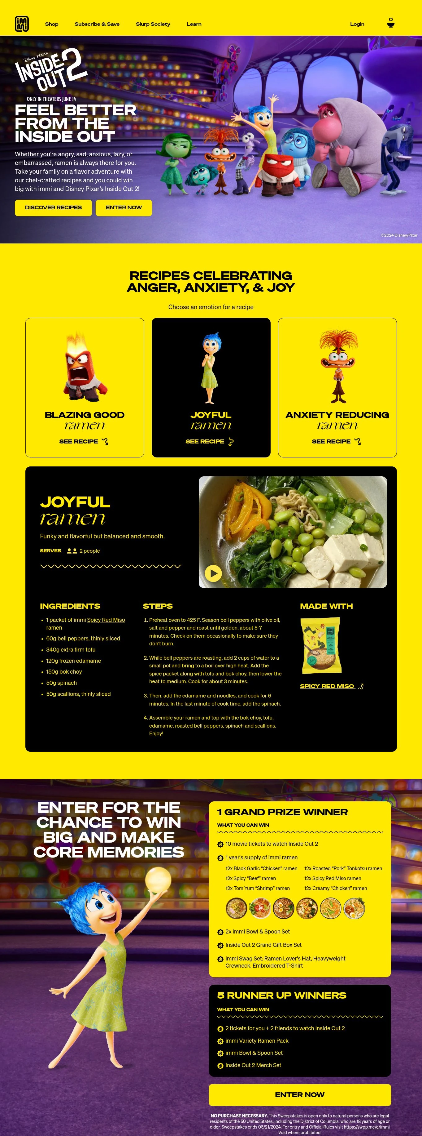 Original immi Inside Out 2 landing page, from the campaign hero through the recipes and sweepstakes