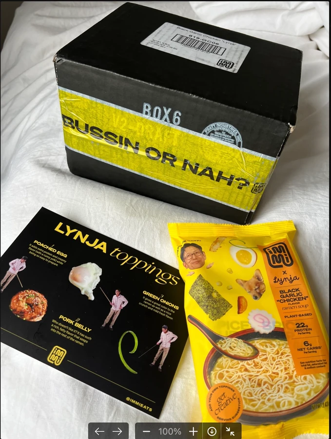 The immi × Lynja collaboration kit with ramen, a toppings postcard and custom shipping tape