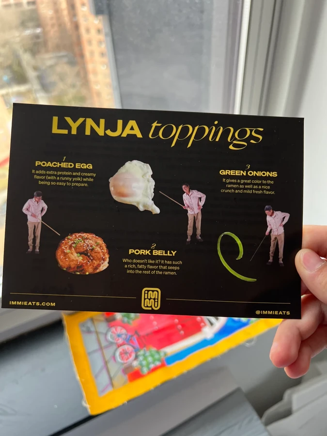 Lynja toppings postcard featuring her recommended ramen toppings and playful photos