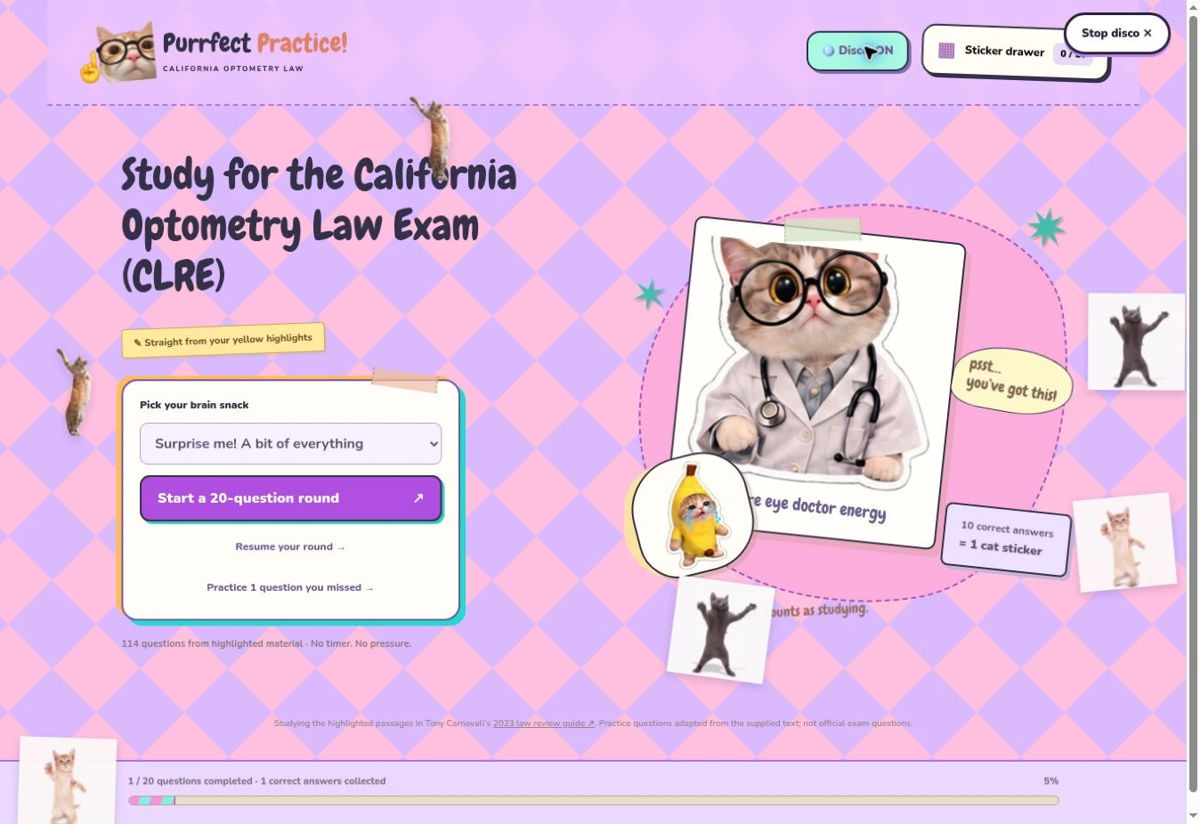 Actual disco mode with a colorful diamond background and dancing cats around the study page.