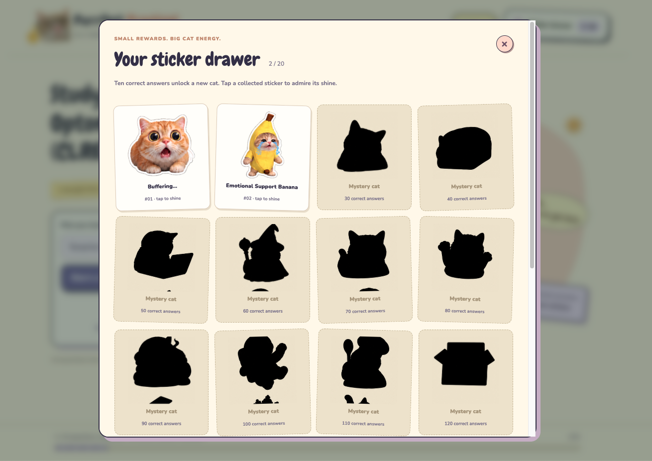 Collectible sticker drawer showing two unlocked cat stickers, Buffering and Emotional Support Banana, alongside mystery cats and their unlock milestones.
