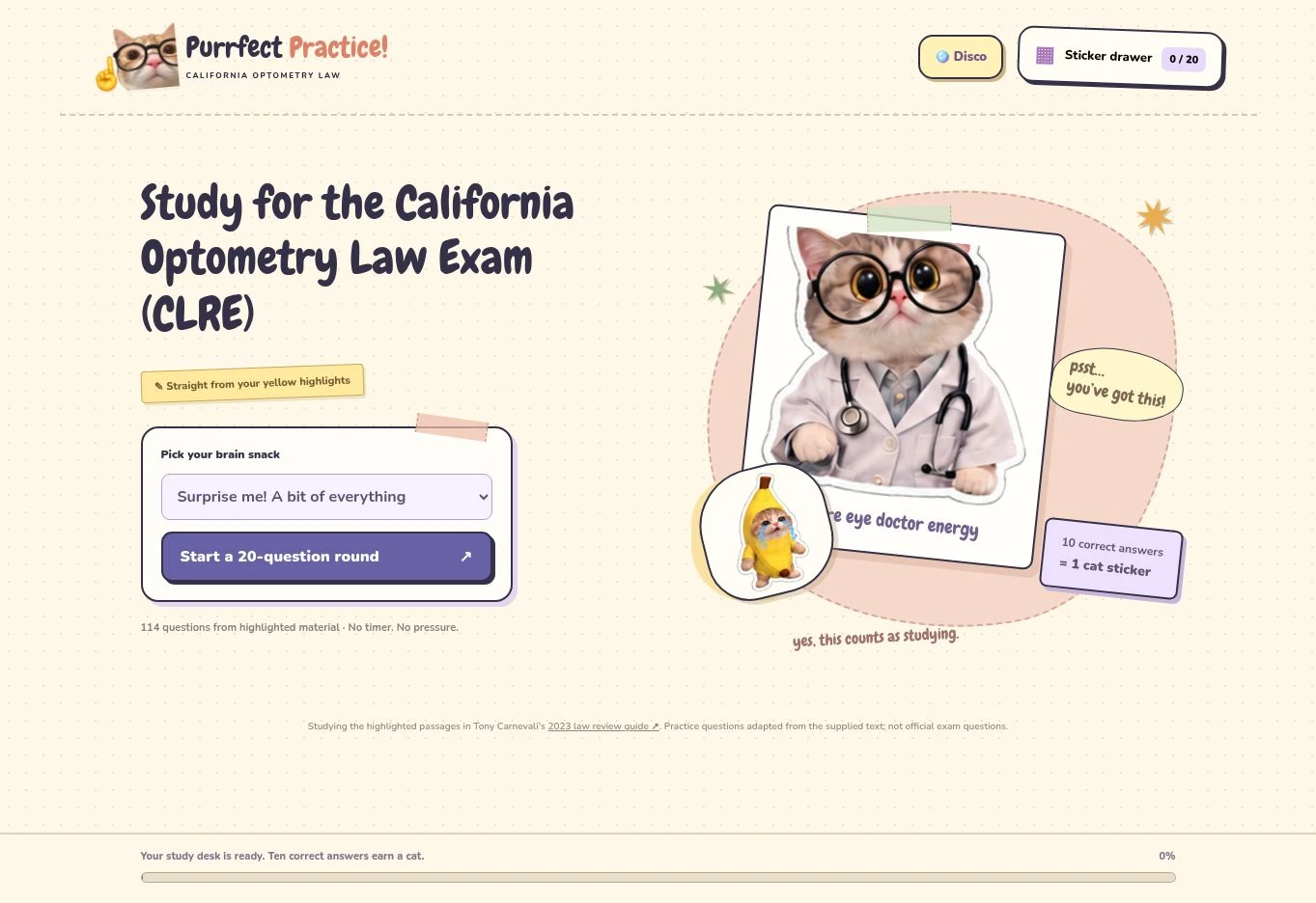 Actual Purrfect Practice homepage with topic selection and a start-round button.