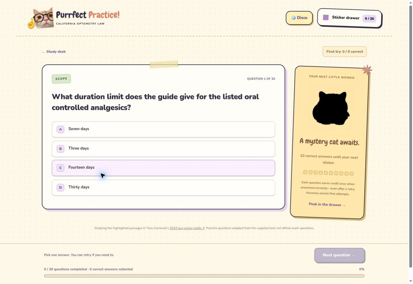Actual multiple-choice practice question with answer options and progress toward a cat sticker.